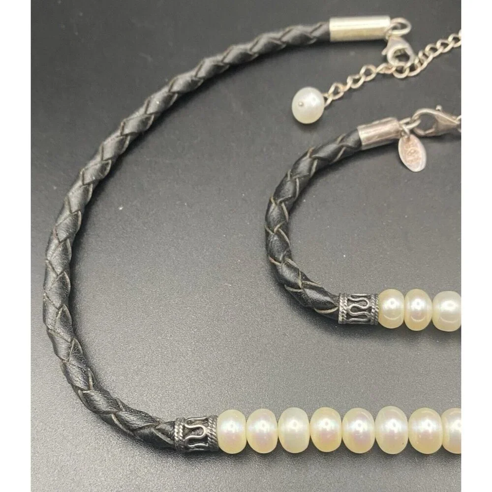Necklace & Bracelet Set Sterling Silver Freshwater Pearls Braided Black Leather - Picture 5 of 7